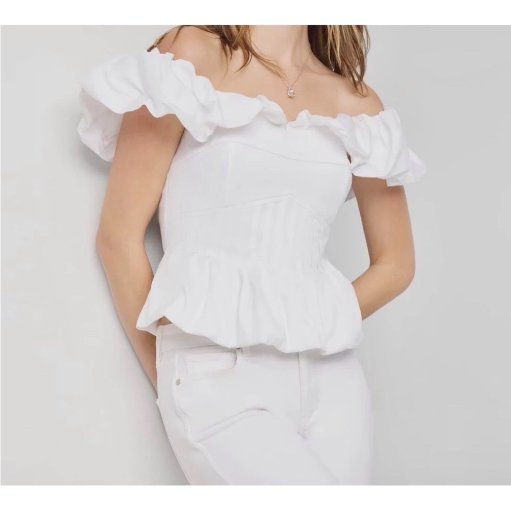 White House Black Market Off-Shoulder White Blouse Corset Ruffle Sleeve NWT Sz 6